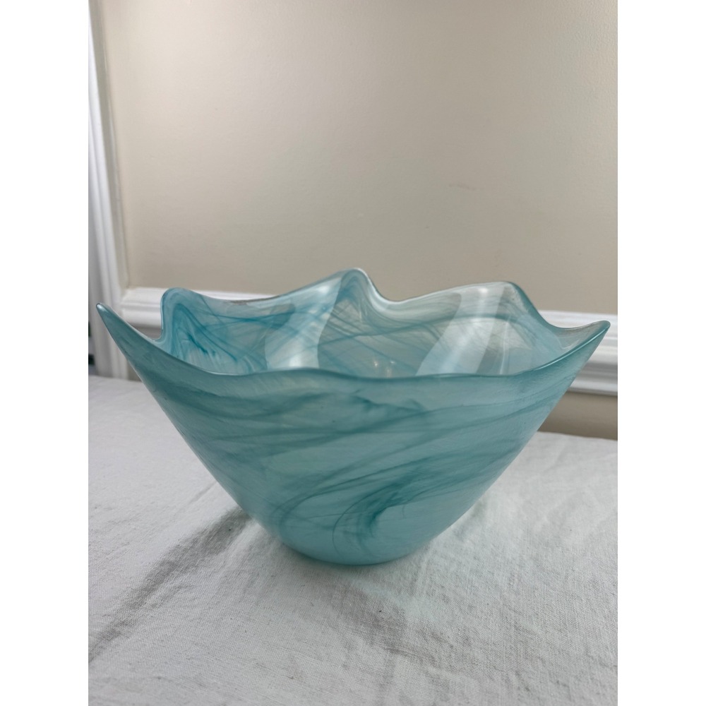 EcoGlass Spain Alabaster Scallop Bowl Blue Large 100% Recycled Art Glass Decor